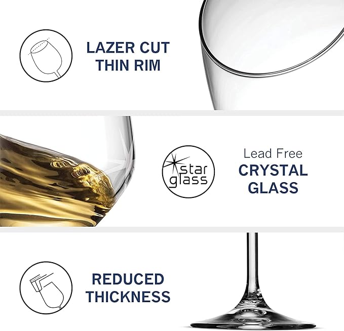 Bormioli Rocco 14.75 oz White Wine Glasses (Set Of 4): Crystal Clear Star Glass, Laser Cut Rim For Wine Tasting, Elegant Party Drinking Glassware, Restaurant Quality