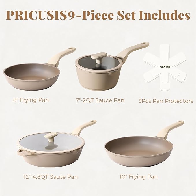 PRICUSIS Nonstick Pots and Pans Set, 9 Pieces Cookware, Omelete/Egg Skillet, Healthy Nonstick Frying Pan, PFOA Free, Induction Compatible, Honey Blush