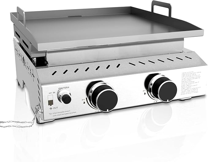 R.W.FLAME 2 Burner Tabletop Propane Griddle, 23" Stainless Steel Gas Griddle, 16,000 BTU Flat Top Grill for Outdoor BBQ,Camping & Patio Gatherings