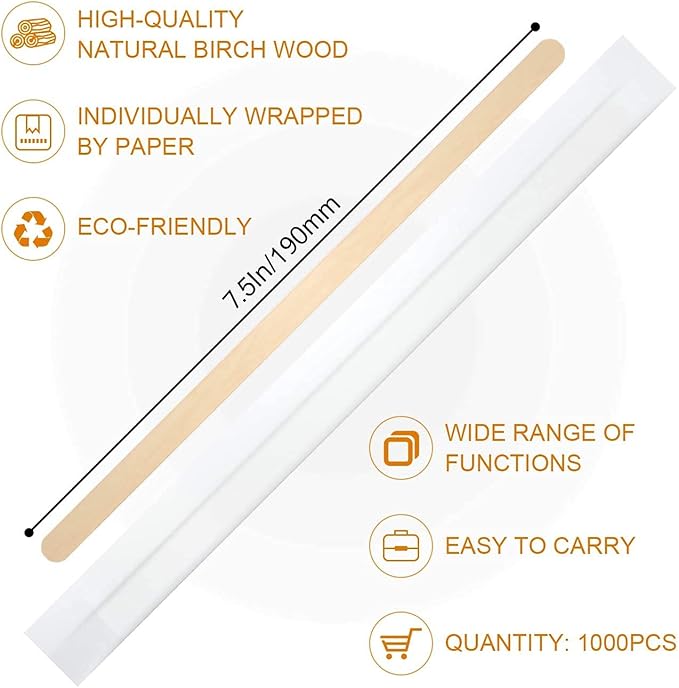 1000Pcs Disposable Wood Coffee Stir Sticks Stirrers Individually Paper Wrapped Coffee Tea Beverage Stirrers Stirrings 7.5 Inch,190mm