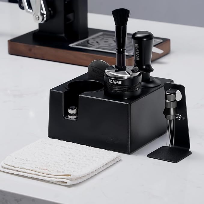 IKAPE 53MM Black Espresso Tool Set 8 IN 1, Coffee Tamper, Distributor, Magnetic Funnel, Puck Screen, Tamper Station, Stirrer Distribution Tool, Cleaning Towel and Brush