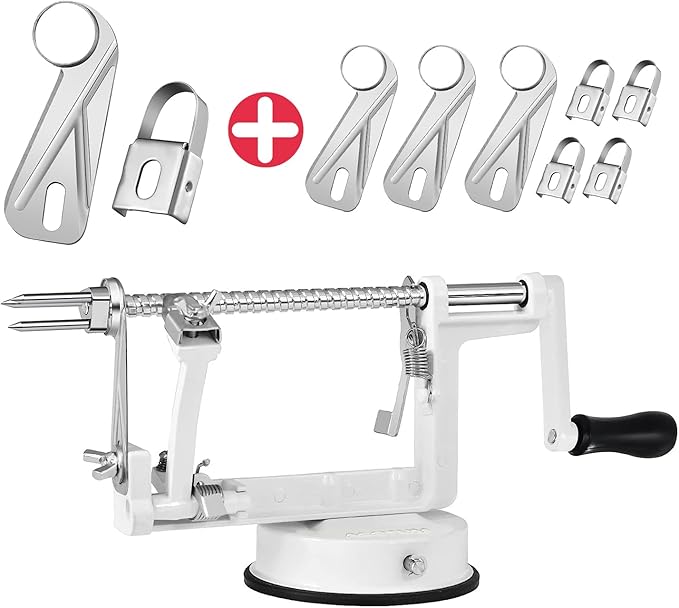 Apple Peeler, Slicer Corer Potato Peelers 3 In 1, Stainless Steel Heavy Duty Suction Cup Base And 7 Extra Blades (White)