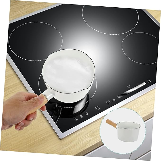 Cabilock Small Enamel Pot: 3 Inch Milk Warmer Pan with Dual Pour Spout, Butter Melting Pot Milk with Wooden Handle, Dishwasher Safe White Soup Saucepan Pan