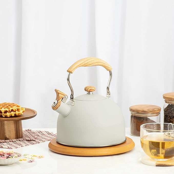 Kawlity Whistling Tea Kettle Tea Pots 2.5L, Stainless Steel Kettle with Wood Pattern Folding Handle, Whistle Kettle for Tea Coffee (Beige)