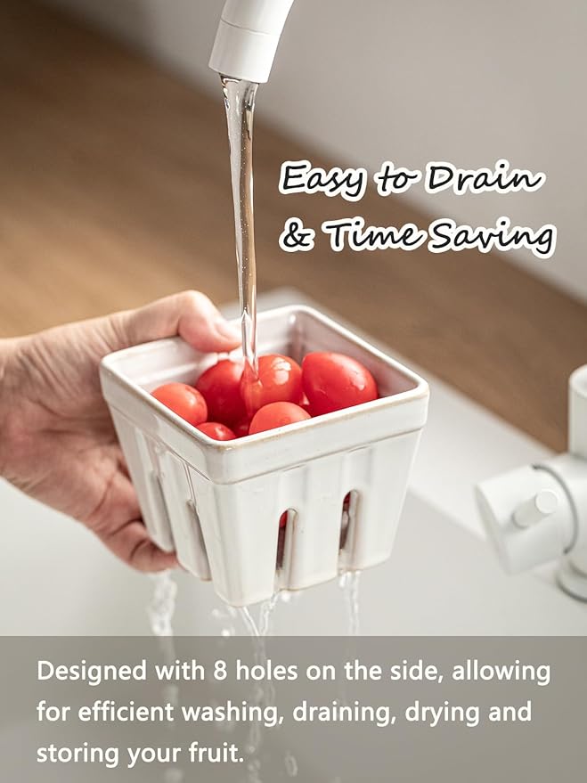 Gomakren Ceramic Berry Basket Set of 2, Square Fruit Bowl with Holes, Small Fruit Basket Containers for Kitchen Counter, Berries, Strawberry, Grape, Cherry, White