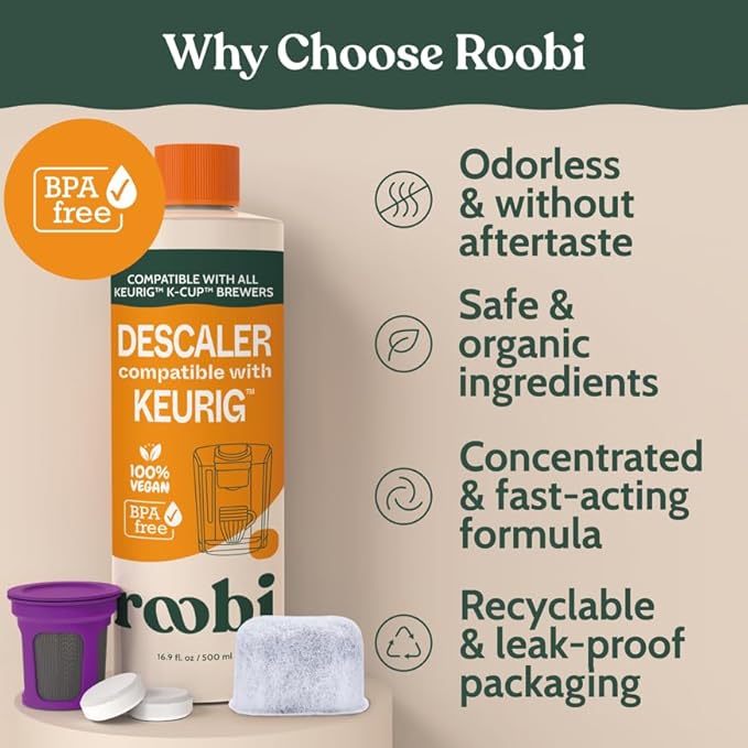 Keurig Compatible Descaling Solution & Cleaning Kit. Includes 1 Bottle of Keurig Descaler, 12 Cleaning Tablets, 1 Reusable Pod and 6 Water Filters. Carbon Neutral. 1 Year Supply.