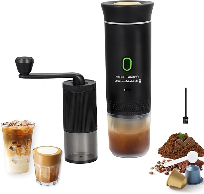 Portable Coffee Maker Set, Electric Espresso Machine & Manual Coffee Bean Grinder, Self-Heating Coffee Kit for Ground Coffee and Small & Big Capsules for Home Car Travel Camping Hiking