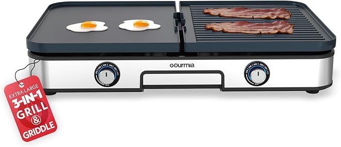 Gourmia 3-in-1 Indoor Grill/Griddle Electric Combo - 250-400°F Adjustable Dual Cooking Zones with Removable Nonstick Reversible Ceramic Plates - Non Toxic Dishwasher Safe Countertop Kitchen Appliances