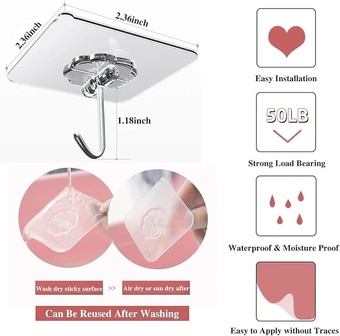 DDMY 24 Packs Hooks for Hanging 50lb Wall Hooks Transparent Reusable Waterproof Adhesive Hook for Kitchen Curtain, Towel Hook for Bathrooms, Heavy Duty Self Coat Hook for Walls No Damage