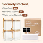 ComSaf 0.8 Qt Glass Jars with Bamboo Lids & Spoons Set of 4, Square Glass Containers with Lids, Sugar Coffee Containers Salt Spice Jars, Pantry Storage Container for Loose Tea, Candy, Brown Sugar, Nut