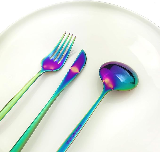 24Pcs Rainbow Mirror Silverware Flatware, 18/0 Stainless Steel Cutlery Set Utensils Kitchen Dinnerware Include Knife Fork Spoon and Teaspoon, Service for 4