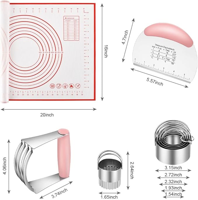 Stainless Steel Biscuit & Dough Cutter Set - 5 Pcs/Pink, Silicone Baking Mats, Pastry Blender