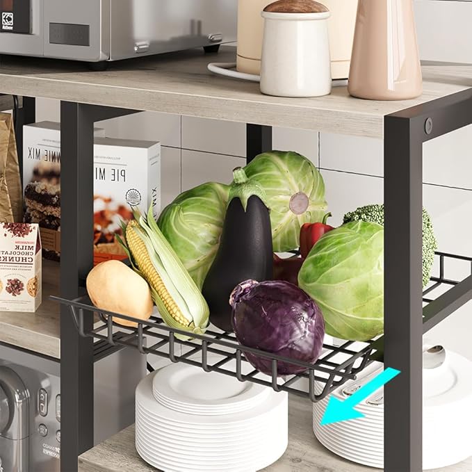 GarveeHome Microwave Stand Bakers Rack with Power Outlet, Kitchen Baker Rack with Wire Basket, 6-Tier Large Freestanding Utility Storage Shelf for Kitchen Dining Living Room, Rustic Gray