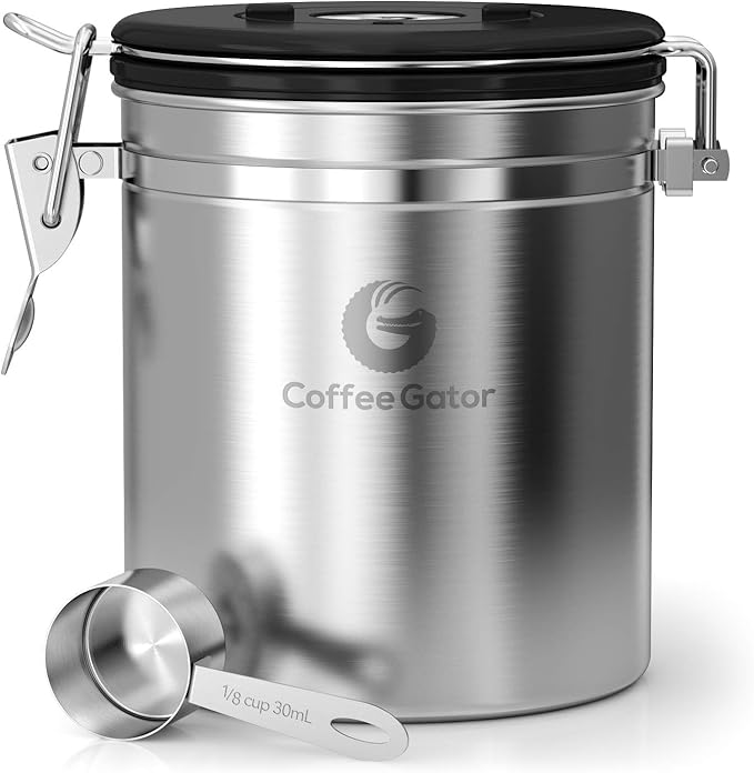 Coffee Gator Coffee Canister, Airtight 16oz Stainless Steel and 4oz Borosilicate Glass Jar Travel Kitchen Food Storage Container with Date Tracker, Scoop for Grounds, Beans, Sugar, Tea, Cookies