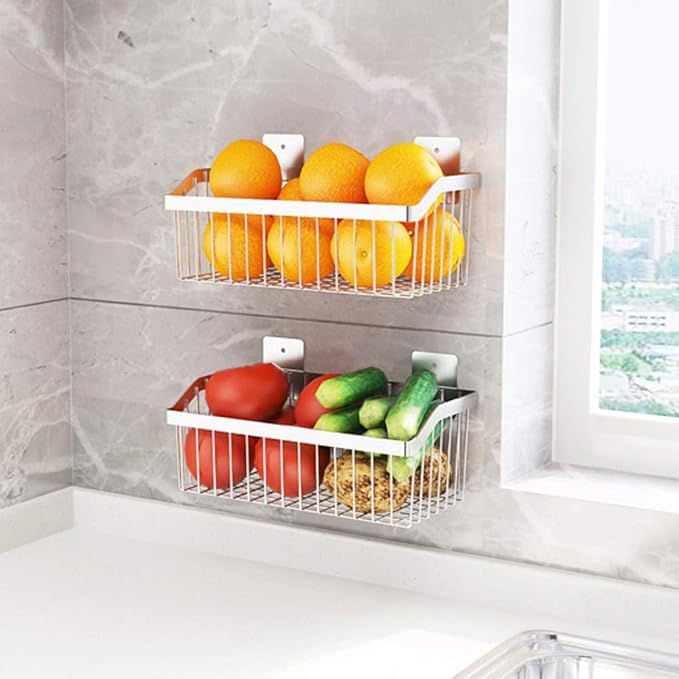 2PCS Kitchen Storage Metal Wire Fruit Basket - SUS304 Stainless steel Organizer Storage Bin Baskets for Bathroom - Space Saving Design for Pantry Organization, Spice Rack,Self Adhesive（Silver）