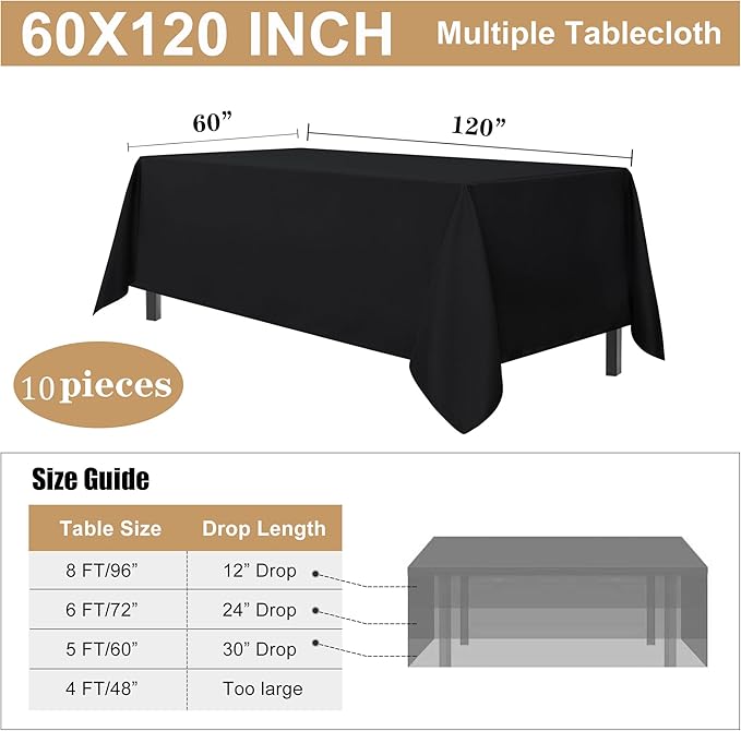 sancua 10 Pack Black Tablecloth 60 x 120 Inch, Rectangle Table Cloth for 8 Feet Tables - Stain and Wrinkle Resistant Washable Polyester Table Cover for Dining Tables, Buffet Parties and Camping