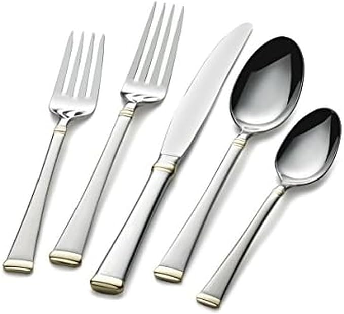 Mikasa Gold Accent Harmony Flatware Set for 12, 65 Piece 18/10 Stainless Steel Silverware with Gold-Trimmed Handles and Serving Utensils, Elegant Dinnerware Service