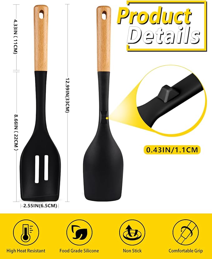 Pack of 2 Large Silicone Cooking Spoons, Heat Resistant Non Stick Kitchen Utensils with Wooden Handle, Ideal for Mixing, Stirring, Serving, Cooking(BLACK)