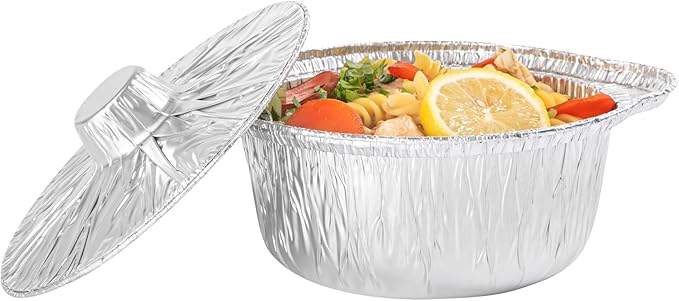 Foil Lux 34 Ounce Pans And Lids, 100 Disposable Pots With Lids - Oven-Ready, Stove Compatible, Aluminum Foil Baking Pans, Freezable, For Outdoor Camping, Vacation, Picnic, And More - Restaurantware