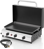 3 Burner BBQ Gas Griddle with Hood, 25.6 Inch Stainless Steel Portable Detachable Propane Griddle, 45,000 BTU Flat Top Grill with Lid for Camping, Silver