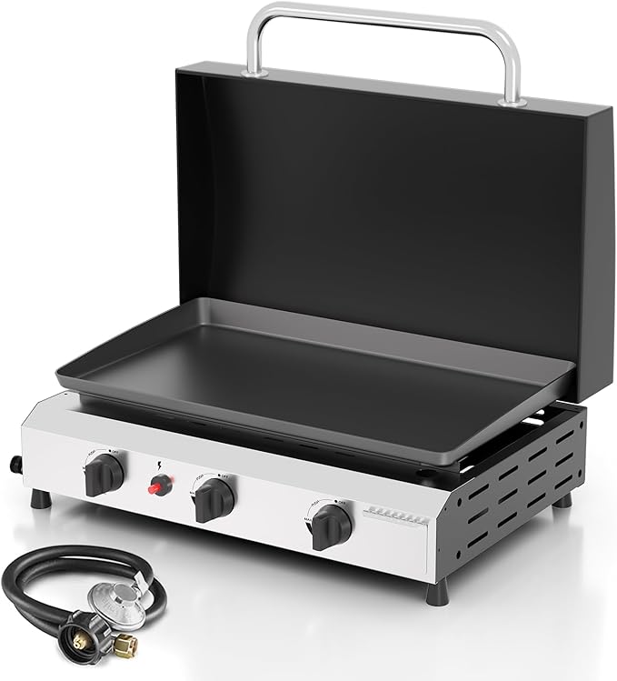3 Burner BBQ Gas Griddle with Hood, 25.6 Inch Stainless Steel Portable Detachable Propane Griddle, 45,000 BTU Flat Top Grill with Lid for Camping, Silver