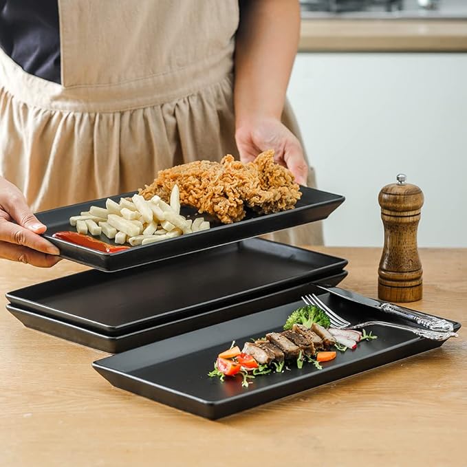 KOOV Ceramic Serving Tray, 14 Inches Large Serving Platter, Rectangular Serving Tray, Porcelain Serving Plates, Ceramic Serving Dishes for Dinner, Party, Sushi, Dessert, Food, Set of 4 (Matte Black)