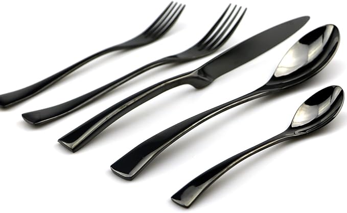 JASHII 18/10 Stainless Steel 20 Piece Mirror Polished Black Flatware Set,Dinner Knife Fork Salad Fork Coffee Spoon，Service for 4 ，Black Utensil Sets