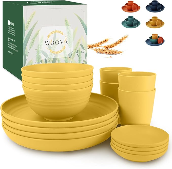 Wheat straw plates and bowls sets of 16 - Unbreakable wheat straw dinnerware sets for camping - Alternative plastic dinnerware set service for 4. Yellow