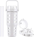 MUKOKO 32 oz Glass Tumbler with Straw,Glass Water Bottles with Time Marker,Iced Coffee Cup with Silicone Sleeve,Motivational Drinking Bottles,Leakproof-White