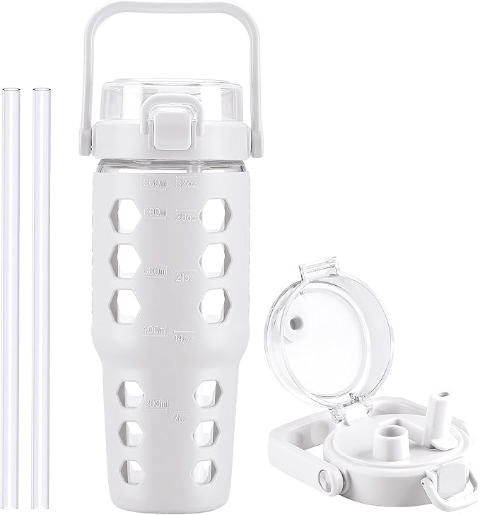 MUKOKO 32 oz Glass Tumbler with Straw,Glass Water Bottles with Time Marker,Iced Coffee Cup with Silicone Sleeve,Motivational Drinking Bottles,Leakproof-White