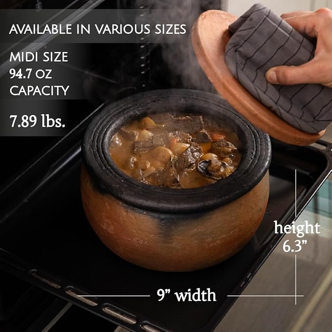 Hakan Efes Clay Cooking Pot with Lid, MIDI 2.9 Quarts Clay Pots for Cooking, Earthenware Rice Pots, UNGLAZED Traditional Casserole for STOVE Top, Portuguese Terracotta Roaster, 94.7 oz (2.8 L)