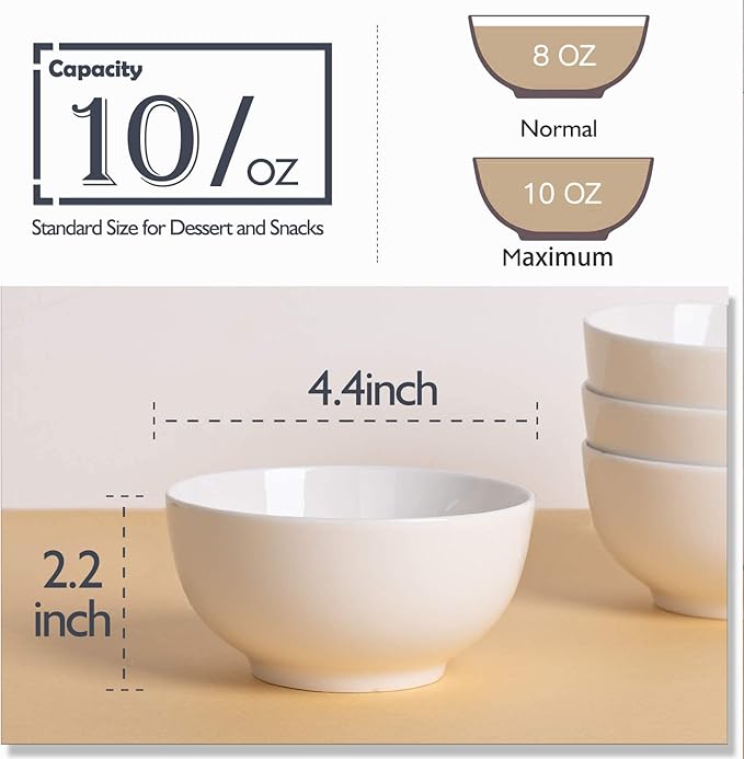 DELLING Porcelain Bowls - Set of 6 White Ceramic Small Bowls for Dessert, Snacks, Condiments & Side Dishes