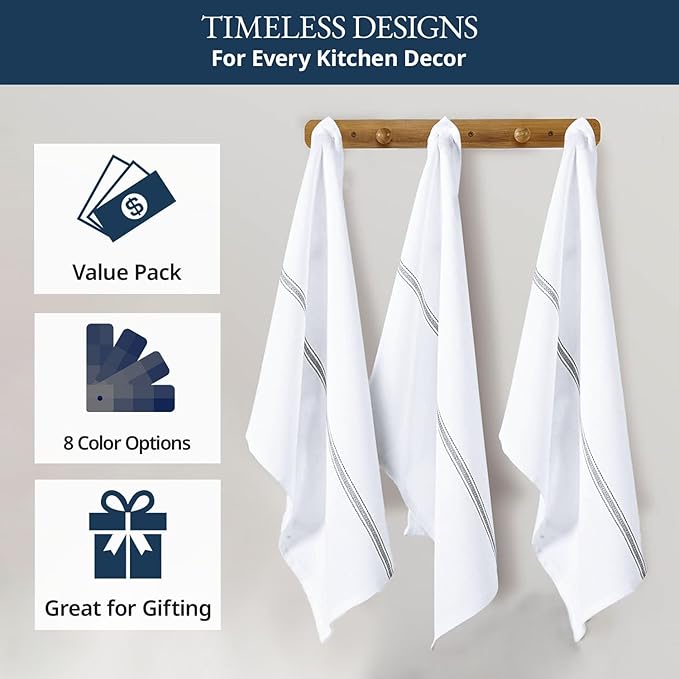 LANE LINEN Kitchen Hand Towels, 12 Pack Dish Towels for Kitchen Drying, 100% Cotton Super Absorbent Tea Towel, Quick Dry, 14"x25", Useful for Cleaning Countertops, Durable for Daily Use - Grey Stripe