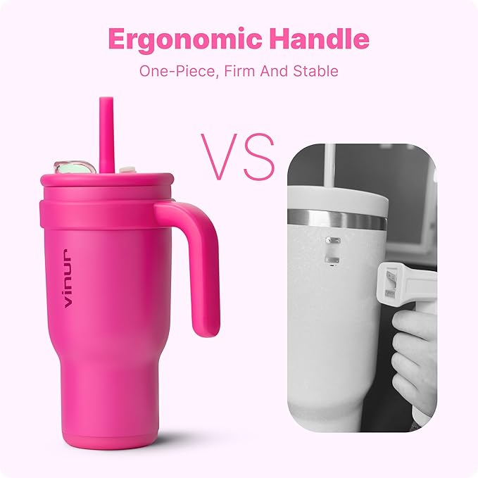 VINUR 30 oz Tumbler with Handle and Straw-Insulated Coffee Travel Mug with Leak Proof Lid | Reusable Stainless Steel | Rubber Base | Cup Holder Friendly | Gifts for Women, Rose Red