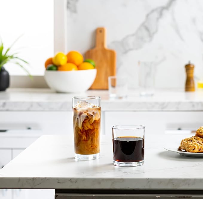 Everyday Drinking Glasses Set of 8 Drinkware Hurricane Glasses, Kitchen Glasses for Cocktail, Iced Coffee, Beer, Ice Tea, Wine, Whiskey, Water, 4 Tall Glass Cups & 4 Short Dof Drinking