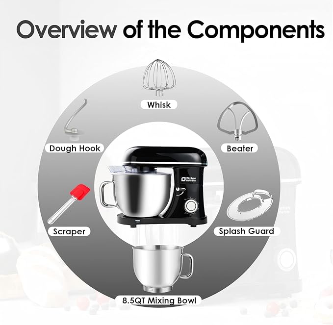 Kitchen in the box Stand Mixer, 900W 8.5QT Kitchen Electric Mixer, 6-Speed Large Capacity Food Mixer for Home Cooks with Egg Whisk, Dough Hook & Flat Beater (Black)