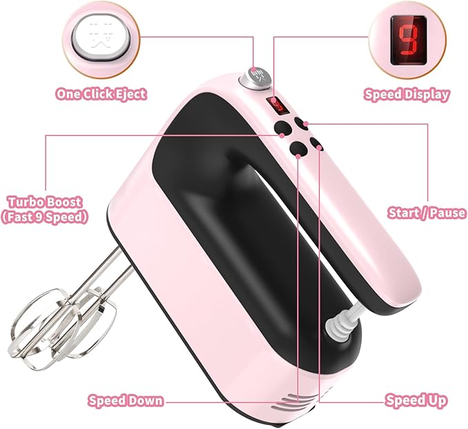 9-Speed Digital Hand Mixer Electric, 400W Powerful DC Motor, Baking Mixer Handheld with Snap-On Storage Case, 5 Stainless Steel Accessories, Flat Beaters, Dough Hooks, Whisk (Pink&Black)