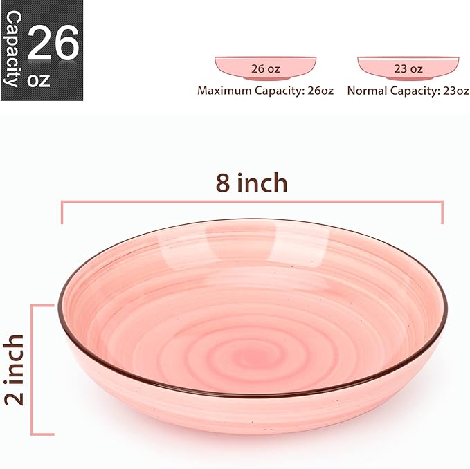 KitchenTour Ceramic Pasta Bowls - Large Salad Bowls Porcelain Serving Bowl Set 26 Ounce - 8 Inch Soup Bowl - Dishwasher and Microwave Safe - Set of 6, Assorted Warm Colors