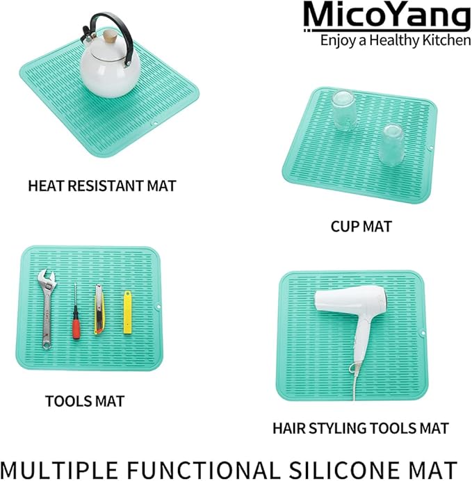 Silicone Dish Drying Mat for Multiple Usage,Easy clean,Eco-friendly,Heat-resistant Silicone Mat for Kitchen Counter or Sink,Refrigerator or Drawer Liner Mint 2XL 24 inches x 18 inches