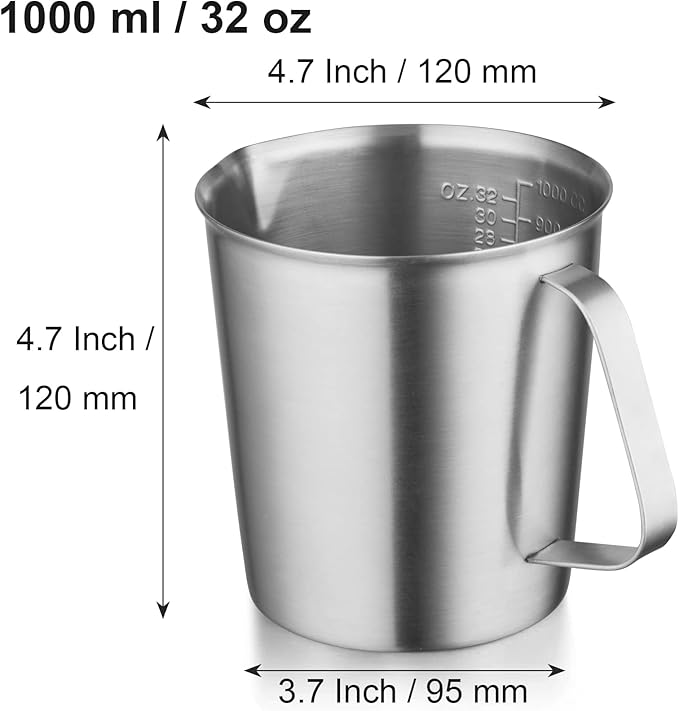 CURTA 18/8 Stainless Steel Measuring Cup with Handle and Pour Lip, Metal Pitcher with Oz and ML marking, 32 OZ/1000 ML- 4 Cup), Heavy-Duty Pitcher