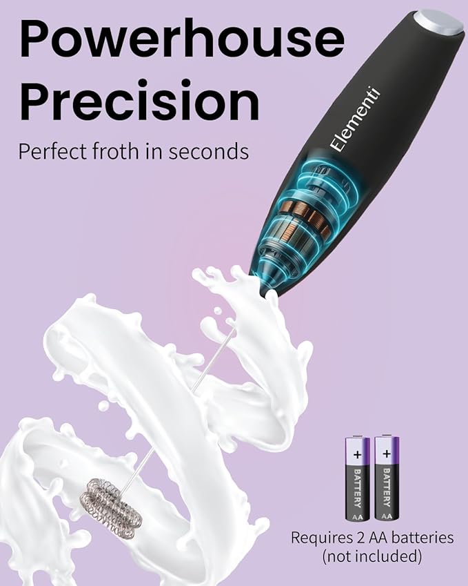 Elementi Milk Frother Wand - Easy to Use Handheld Electric Stirrer for Powder Drinks, Durable & Powerful Coffee Whisk & Protein Powder Mixer Wand, Hand Frother, Coffee Stirrers Electric Mini (Black)