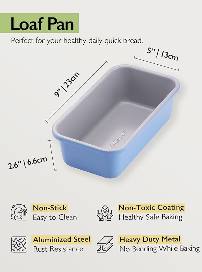 LeGourmet Nonstick Bread Loaf Pan 9 X 5 Inch, Ceramic Coating, Non-Toxic, Rust Resistant Aluminized Steel, Perfect 1 lb Baking Dish for Meatloaf, Pound Cake & Brownie (Cyan)