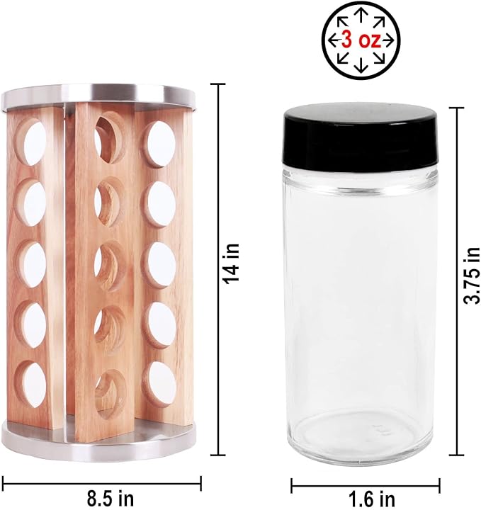 Orii Natural Acacia Wood Spice Rack with 20 EMPTY jars with Black Plastic Lids and FREE Stainless Steel Funnel and Labels