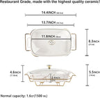 12" x 8" Ceramic Casserole Dish with Glass Lid and rack, 1.6 Quart Serving Soup Tureen,Chafing Dish for Buffet, Family Food preserve Tray, Catering Casserole for Party Style