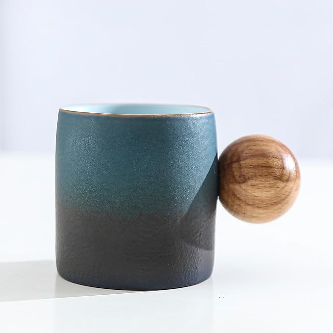 2-Oz Ceramic Espresso Cups with Wood Handle, 2/4-Piece Set for Coffee, Tea, Latte - Dishwasher Safe, Multi-Color & Wood Styles, Gift & Café Use (blue black, Round handle4)