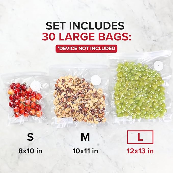 Chef Preserve Reusable Vacuum Sealer Bags for Food – 30 BPA-Free Large (12 x 13 in) Food Storage Bags, Freezer, Microwave – Odor-Resistant, Leak-Proof – Compatible with Chef Preserve Vacuum Sealers