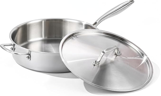 DELARLO 6QT Saute Pan Tri-Ply Stainless Steel Pan, 12Inch Deep Frying Pan with Steel cover, Kitchen Large Skillet,Heavy Duty Style Compatible With All Cooktops Up to 650℉