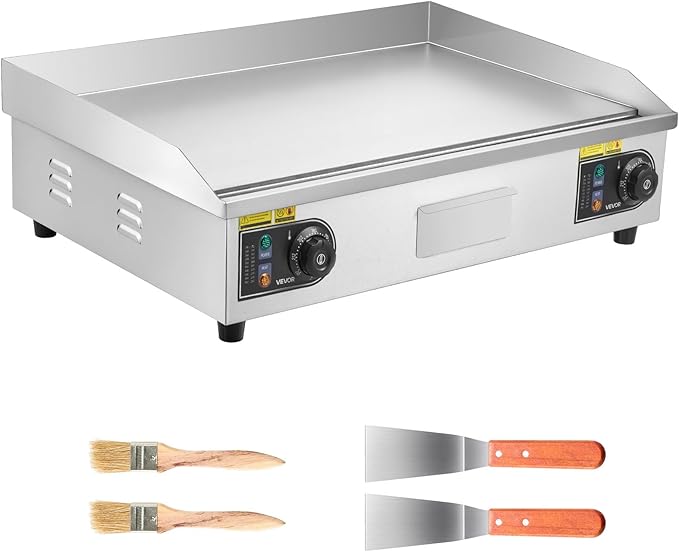 VEVOR Commercial Electric Griddle, 28.54 x 15.75 inches, 4400W, 122-570°F Adjustable Temp Control, Stainless Steel Body, Half Grooved Half Flat, with 2 Spatulas, 2 Brushes, and 4 Foot Pads, for Steak