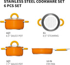 Stainless 18/8 Steel Pots and Pans Set 6 Piece, 4 3 QT Pot with Lid and Steaming, Fry Pan, Compatible with All Stovetops