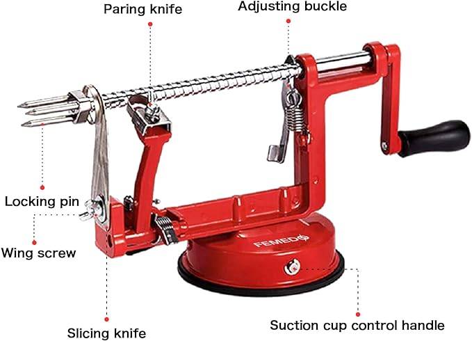 Apple Peeler Slicer Corer with Stainless Steel Blades and Powerful Suction Base for Apples Pears Potatoes(Red)